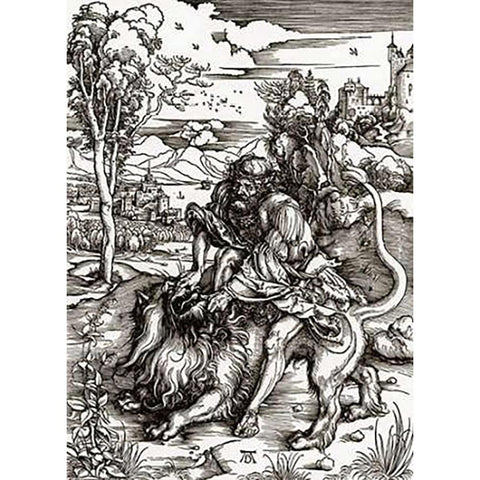Samson Killing The Lion White Modern Wood Framed Art Print by Durer, Albrecht