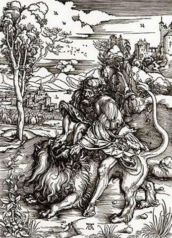 Samson Killing The Lion White Modern Wood Framed Art Print with Double Matting by Durer, Albrecht