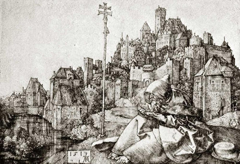 St Anthony At The City Black Ornate Wood Framed Art Print with Double Matting by Durer, Albrecht