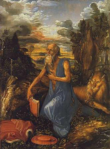 St Jerome In A Landscape Black Ornate Wood Framed Art Print with Double Matting by Durer, Albrecht