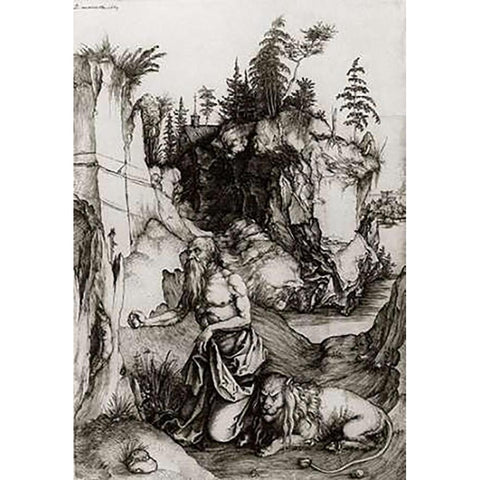 St Jerome In Penitence Black Modern Wood Framed Art Print by Durer, Albrecht
