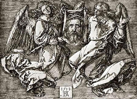 St Veronicas Kerchief Held By Two Angels Black Ornate Wood Framed Art Print with Double Matting by Durer, Albrecht