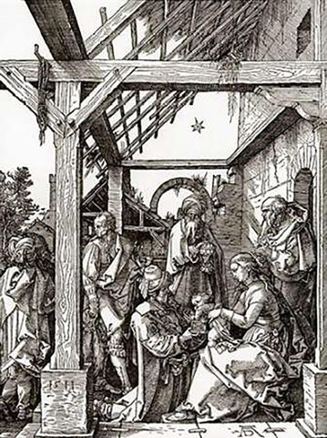 The Adoration Of The Magi Black Ornate Wood Framed Art Print with Double Matting by Durer, Albrecht