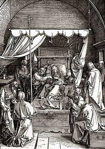 The Death Of The Virgin Black Ornate Wood Framed Art Print with Double Matting by Durer, Albrecht