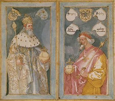 The Emperors Charlemagne And Sigismund White Modern Wood Framed Art Print with Double Matting by Durer, Albrecht