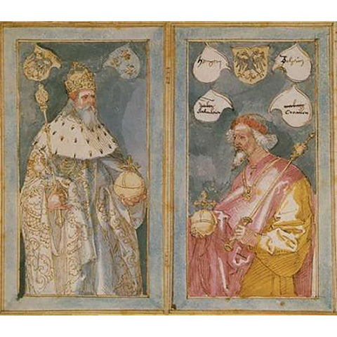 The Emperors Charlemagne And Sigismund White Modern Wood Framed Art Print by Durer, Albrecht
