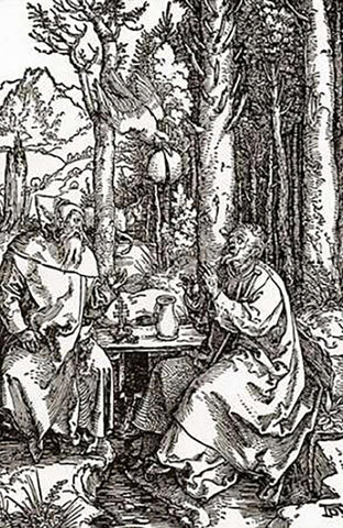 The Hermits Sts Anthony And Paul Black Ornate Wood Framed Art Print with Double Matting by Durer, Albrecht