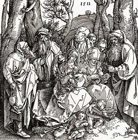 The Holy Family With Saints And Angels Black Ornate Wood Framed Art Print with Double Matting by Durer, Albrecht