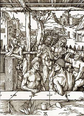 The Mens Bath Black Ornate Wood Framed Art Print with Double Matting by Durer, Albrecht