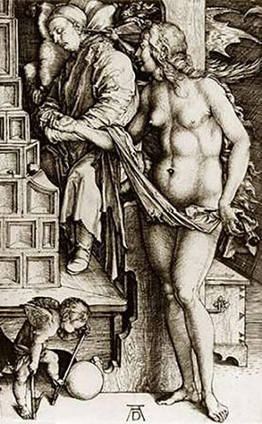 The Temptation Of The Idler Black Ornate Wood Framed Art Print with Double Matting by Durer, Albrecht