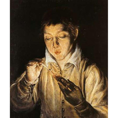 Boy Blowing On An Ember To Light A Candle Black Modern Wood Framed Art Print by Greco, El