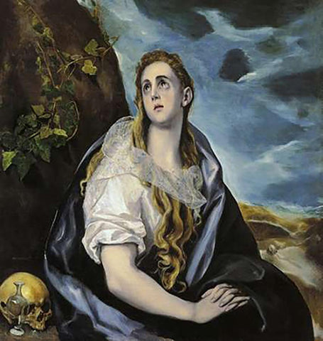 Mary Magdalen In Penitence Black Ornate Wood Framed Art Print with Double Matting by Greco, El