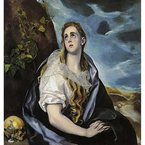 Mary Magdalen In Penitence Black Modern Wood Framed Art Print by Greco, El