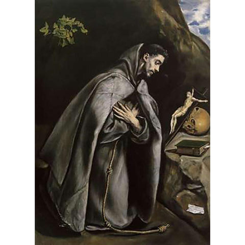 Saint Francis Meditating Gold Ornate Wood Framed Art Print with Double Matting by Greco, El