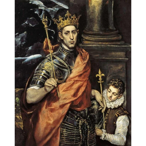 Saint Louis King Of France With A Page Gold Ornate Wood Framed Art Print with Double Matting by El Greco