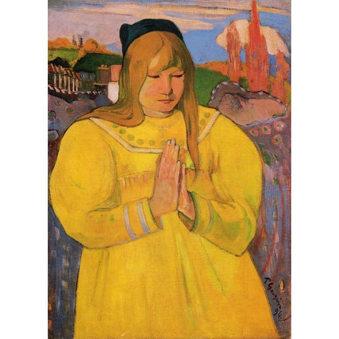 Breton Woman In Prayer White Modern Wood Framed Art Print by Gauguin, Paul