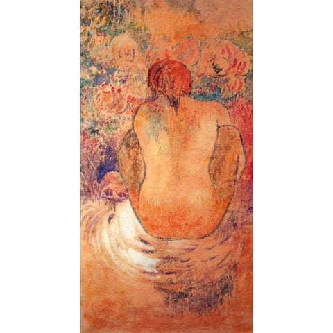 Crouching Marquesain Woman Seen From The Back Gold Ornate Wood Framed Art Print with Double Matting by Gauguin, Paul