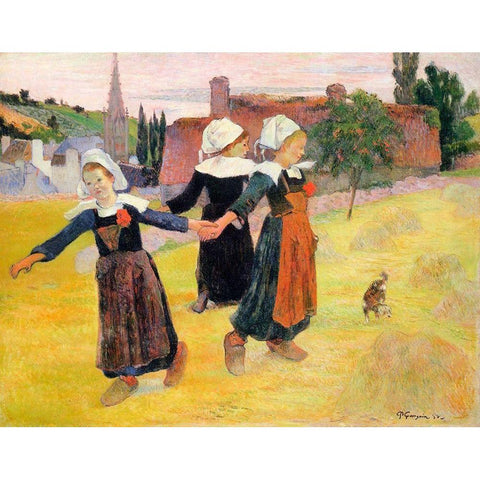 Dancing A Round In The Haystacks Gold Ornate Wood Framed Art Print with Double Matting by Gauguin, Paul