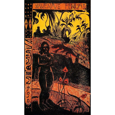 Delightful Land Woodcut White Modern Wood Framed Art Print by Gauguin, Paul