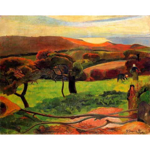 Fields By The Sea Gold Ornate Wood Framed Art Print with Double Matting by Gauguin, Paul