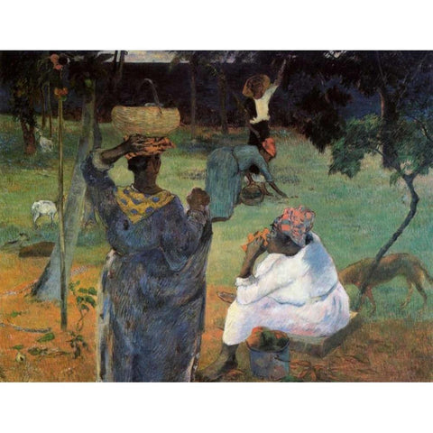 Gathering Fruit Gold Ornate Wood Framed Art Print with Double Matting by Gauguin, Paul