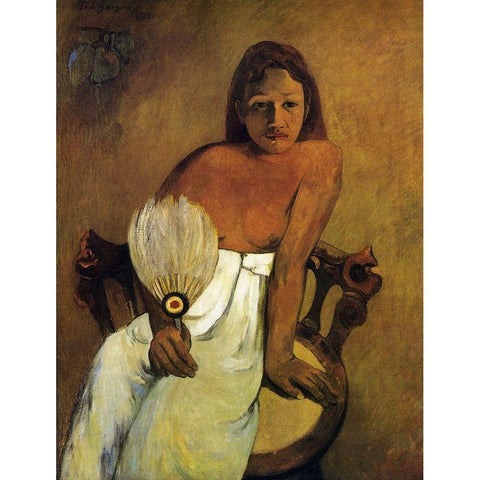 Girl With A Fan Gold Ornate Wood Framed Art Print with Double Matting by Gauguin, Paul