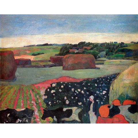 Haystacks In Brittany White Modern Wood Framed Art Print by Gauguin, Paul