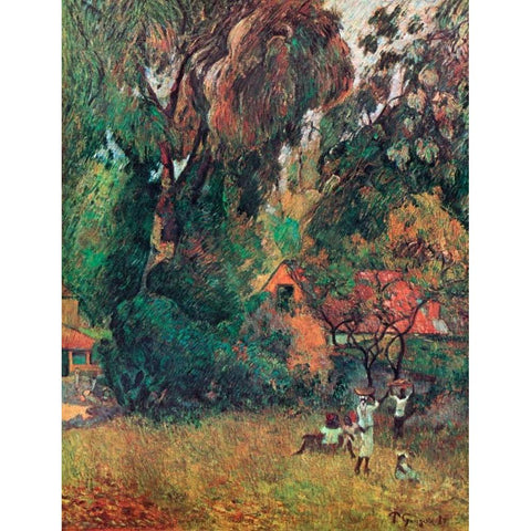 Huts Under The Trees Gold Ornate Wood Framed Art Print with Double Matting by Gauguin, Paul