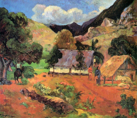 Landscape With Three Figures Black Ornate Wood Framed Art Print with Double Matting by Gauguin, Paul