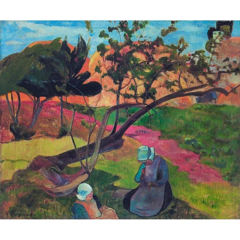 Landscape With Two Breton Women Black Modern Wood Framed Art Print with Double Matting by Gauguin, Paul