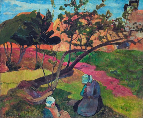 Landscape With Two Breton Women White Modern Wood Framed Art Print with Double Matting by Gauguin, Paul