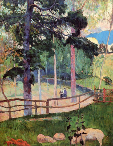 Nostalgic Promenade White Modern Wood Framed Art Print with Double Matting by Gauguin, Paul