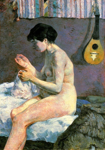 Nude Study White Modern Wood Framed Art Print with Double Matting by Gauguin, Paul