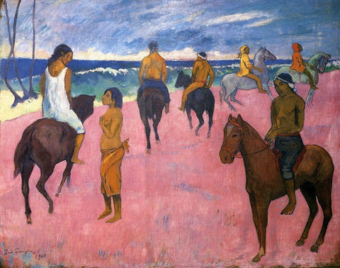 Riders On The Beach 1902 Black Ornate Wood Framed Art Print with Double Matting by Gauguin, Paul