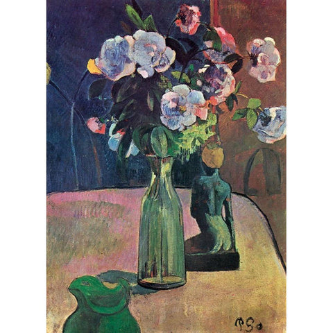 Roses And Statuette Gold Ornate Wood Framed Art Print with Double Matting by Gauguin, Paul