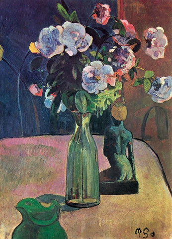 Roses And Statuette Black Ornate Wood Framed Art Print with Double Matting by Gauguin, Paul