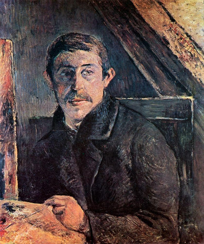Self Portrait At The Easel White Modern Wood Framed Art Print with Double Matting by Gauguin, Paul