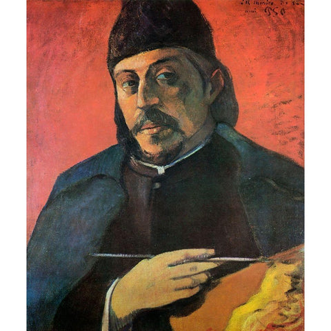 Self Portrait With Palette Gold Ornate Wood Framed Art Print with Double Matting by Gauguin, Paul