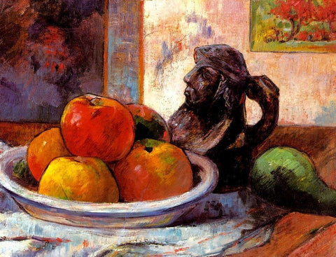 Still Life With Apples A Pear And A Ceramic Black Ornate Wood Framed Art Print with Double Matting by Gauguin, Paul