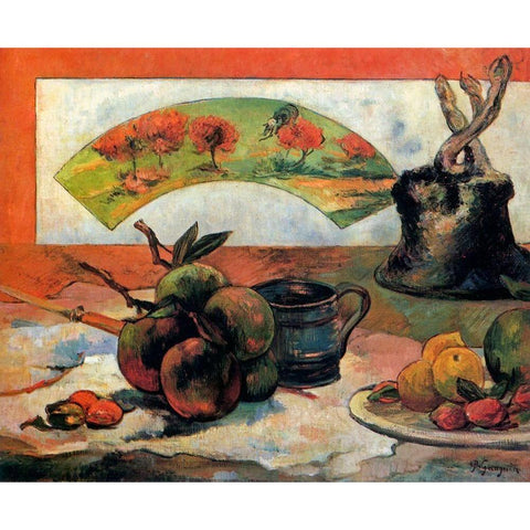 Still Life With Fan White Modern Wood Framed Art Print by Gauguin, Paul