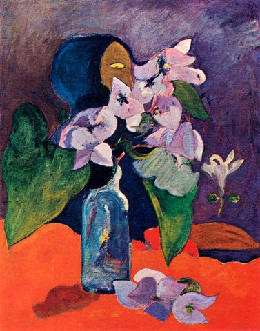 Still Life With Flowers And Idol White Modern Wood Framed Art Print with Double Matting by Gauguin, Paul