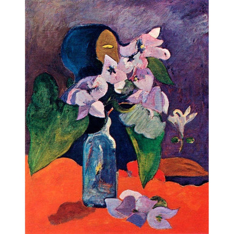 Still Life With Flowers And Idol Black Modern Wood Framed Art Print by Gauguin, Paul