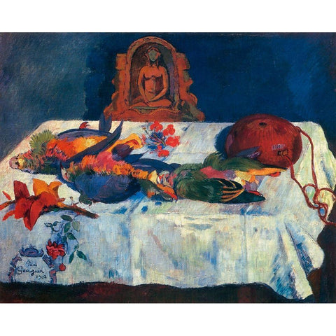 Still Life With Parrots White Modern Wood Framed Art Print by Gauguin, Paul