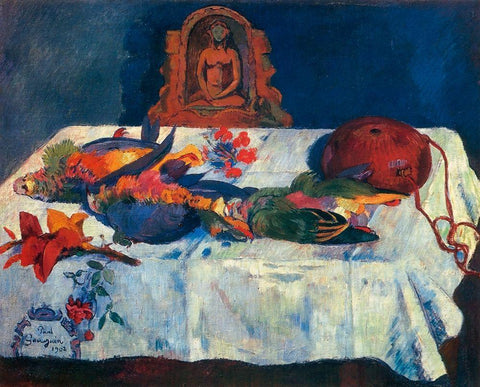 Still Life With Parrots Black Ornate Wood Framed Art Print with Double Matting by Gauguin, Paul