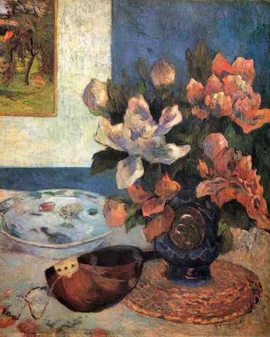 Still Life With Peonies And Mandolin Black Ornate Wood Framed Art Print with Double Matting by Gauguin, Paul