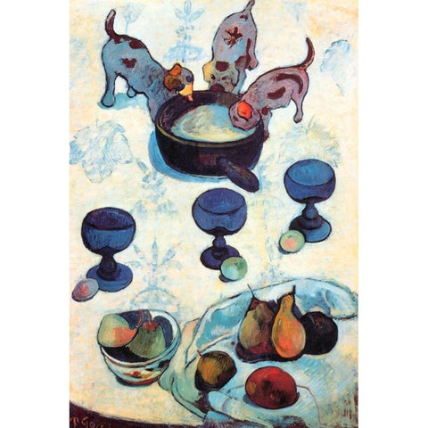 Still Life With Three Puppies Black Modern Wood Framed Art Print with Double Matting by Gauguin, Paul