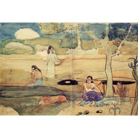 Tahitian Scene Gold Ornate Wood Framed Art Print with Double Matting by Gauguin, Paul