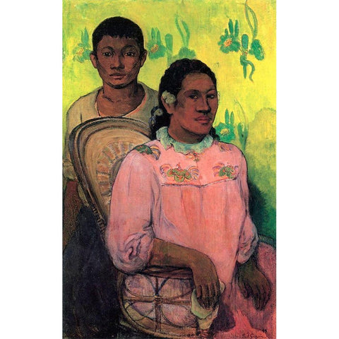 Tahitian Woman And Boy Gold Ornate Wood Framed Art Print with Double Matting by Gauguin, Paul