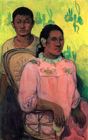 Tahitian Woman And Boy White Modern Wood Framed Art Print with Double Matting by Gauguin, Paul