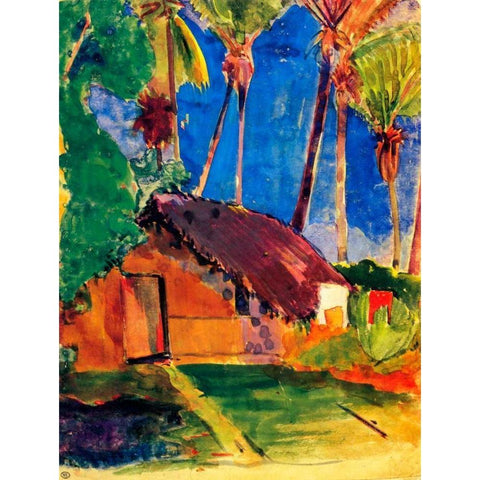 Thatched Hut Under Palm Trees White Modern Wood Framed Art Print by Gauguin, Paul